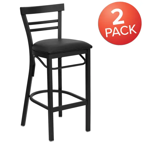 Emma and Oliver 2 Pack Two-Slat Ladder Back Metal Restaurant Barstool BlackVYL/BlackMetal {5}