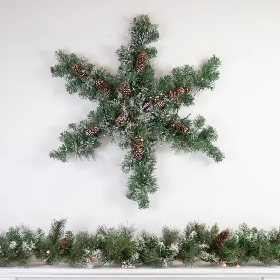 Northlight Pre-Lit Battery Operated Frosted Mixed Pine Christmas Snowflake Wreath - 32" - Warm White LED Lights Green {3}