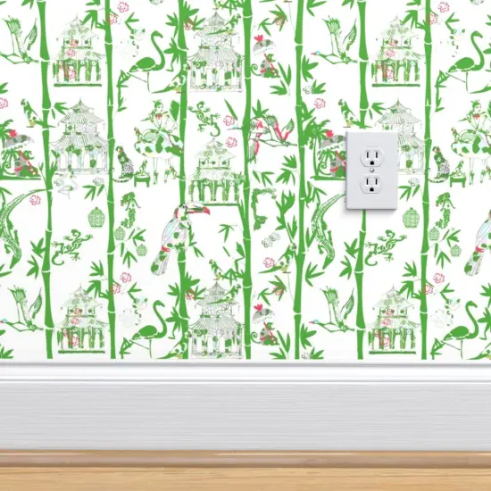 Peel & Stick Wallpaper 2FT Wide Chinoiserie Preppy Exotic Animal Monkey Cheetah Palm Custom Removable Wallpaper by Spoonflower {4}