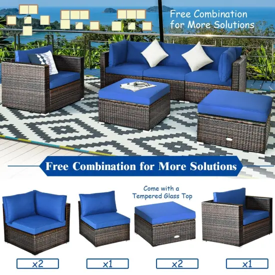 6 Pcs Patio Rattan Furniture Set with Sectional Cushion Blue {2}
