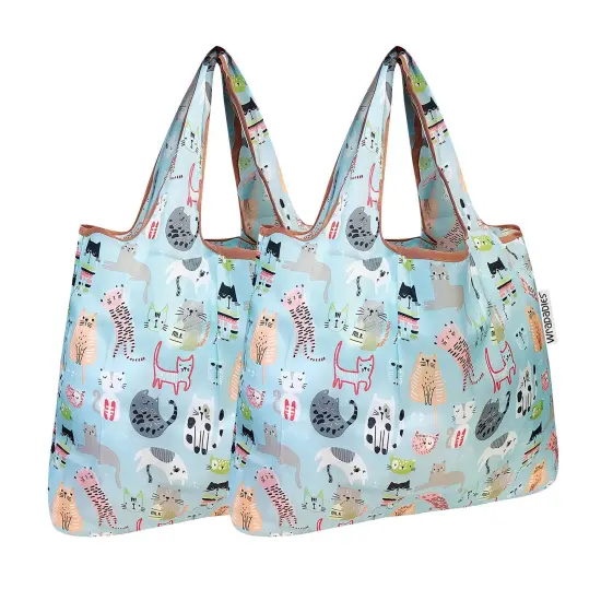 Wrapables Foldable Tote Nylon Reusable Grocery Bag (Set of 2) Cool Cats {1}