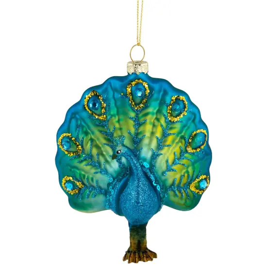 Northlight Standing Glittered Peacock Glass Christmas Ornament - 4.5" - Blue and Green {1}