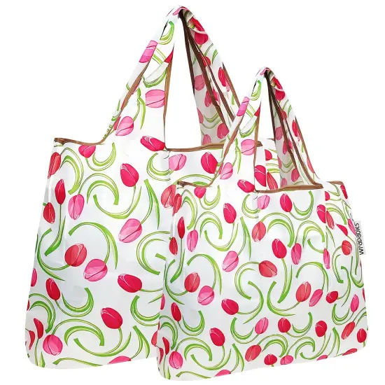 Wrapables Large & Small Foldable Tote Nylon Reusable Grocery Bags, Set of 2 Pink Tulips {1}
