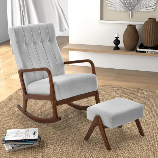 Costway Rocking Chair with Ottoman Upholstered Fabric Glider Rocker Solid Wood Beige/Grey {9}
