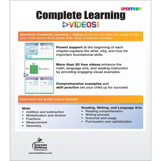Spectrum Complete Learning + Videos 3rd Grade Workbooks, Language Arts, Reading Comprehension, Writing, and Math Book for Kids Ages 8-9 With Video Tutorials {2}