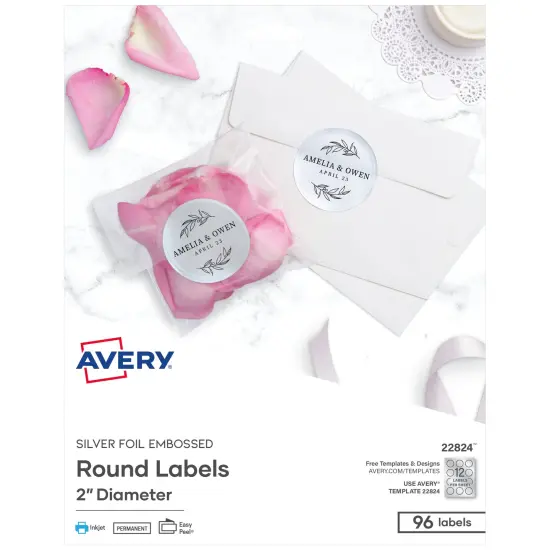 Avery Printable Embossed Foil Round Labels, 2" Diameter, Silver, 96 Customizable Labels (22824) {1}