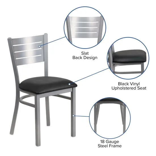 Emma and Oliver Silver Slat Back Metal Restaurant Dining Chair BlackVinyl/Silver {2}