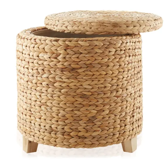 Casafield 17" Round Storage Ottoman with Lid, Handwoven Water Hyacinth Footstool for Living Room, Bedroom, Bathroom, Home Office {4}