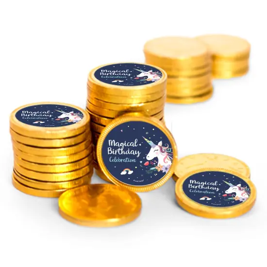 84 Pcs Navy Unicorn Kid's Birthday Candy Party Favors Chocolate Coins with Gold Foil {1}