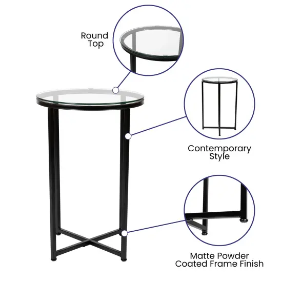 Merrick Lane Fairdale End Table with Round Cross Brace Frame Clear/Matte Black {2}
