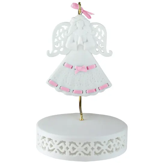 Roman Pink Ribbon Porcelain Angel Ornament With Hanger and Base #46721G White {1}