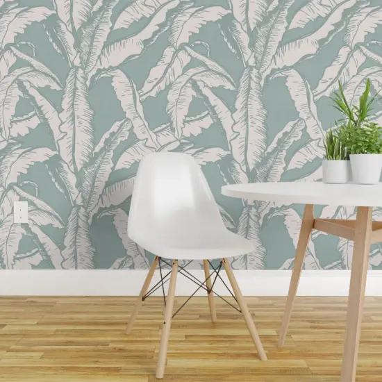 Peel & Stick Wallpaper 2FT Wide Sage Green Minimal Tropical Flora Banana Leaf Rainforest Summer Island Custom Removable Wallpaper by Spoonflower {1}