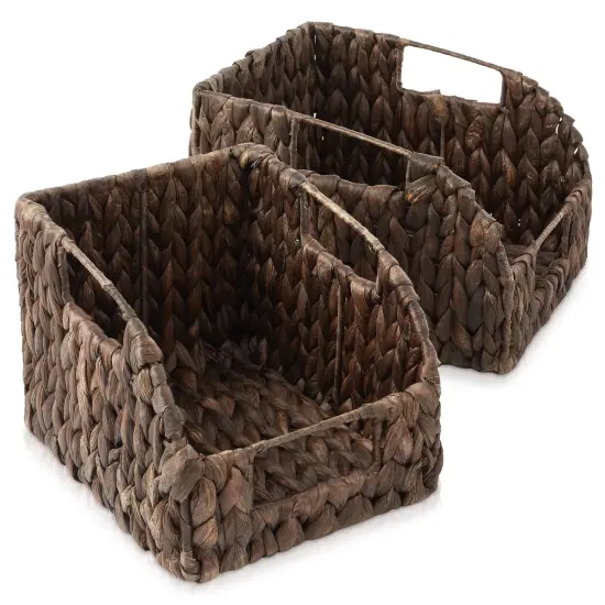 Casafield Set of 2 Water Hyacinth Pantry Baskets with Handles, Woven Storage Bin Organizers for Kitchen Shelves, Medium and Large Sizes {3}