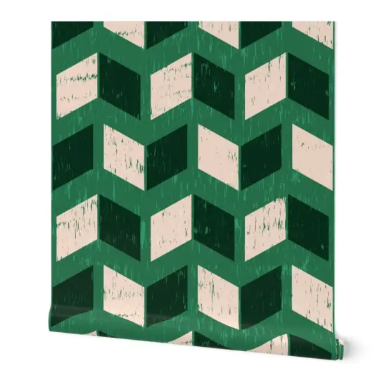 Peel & Stick Wallpaper 2FT Wide Vintage Cream Green Retro Dark Ikat Pattern Faux Modern Mid-Century Funky Geometric Large Scale Custom Removable Wallpaper by Spoonflower {7}