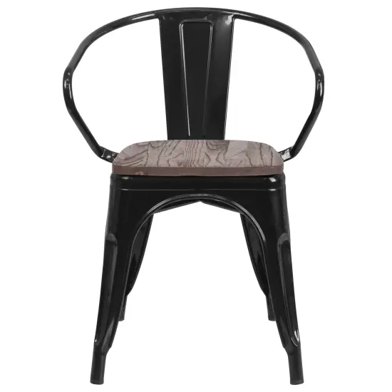 Emma and Oliver Metal Chair with Wood Seat and Arms Black {3}