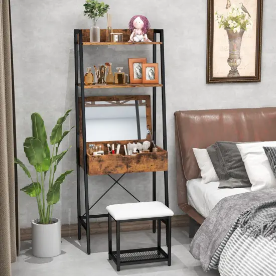 Costway Vanity Table Set Flip Top Mirror Ladder Storage Shelf Cushioned Stool Rustic {10}