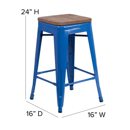 Merrick Lane Dalton Series Backless Metal Dining Stool with Wooden Seat for Indoor Use Blue {5}