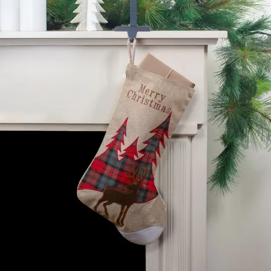 Northlight 19" Beige and Red Plaid Reindeer With Forest Trees Christmas Stocking {3}