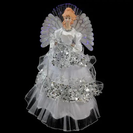 Northlight 16" White and Silver Lighted Fiber Optic Angel Sequined Gown Christmas Tree Topper {3}