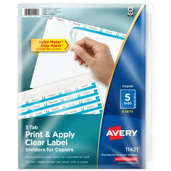 Avery 5 Tab Dividers for 3 Ring Binder, Easy Print & Apply Clear Label Strip for Copiers, Index Maker Customizable White Tabs, 5 Sets (11421) {1}