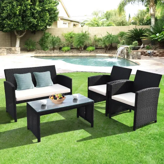 4 Pcs Wicker Conversation Furniture Set Patio Sofa and Table Set White {1}