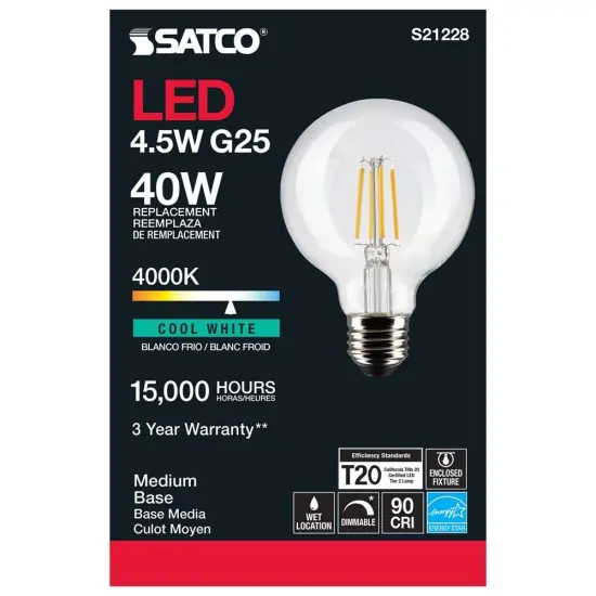 6Pk - Satco 4.5w G25 Globe Filament LED 4000K Medium Base Dimmable - 40w equiv Cool White {6}