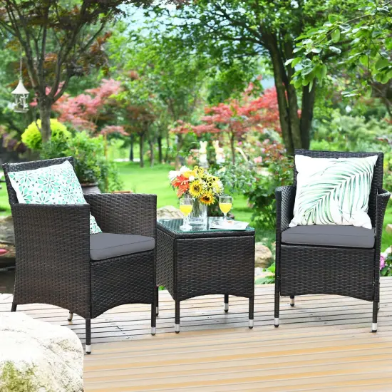 3 Pieces Patio Wicker Rattan Furniture Set with Steel Frame and Polyester Cushions Grey {3}