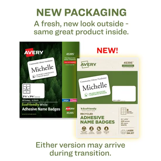 Avery EcoFriendly Recycled Name Tags, 2-1/3" x 3-3/8", White, Removable Adhesive, 400 Printable Name Badges (45395) {2}