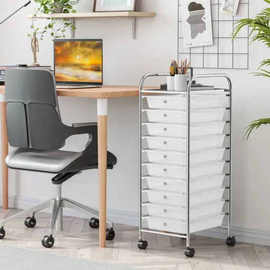 10-Drawer Rolling Storage Cart with Lockable Wheels and Steel Frame for Home or Office Use Transparent {4}