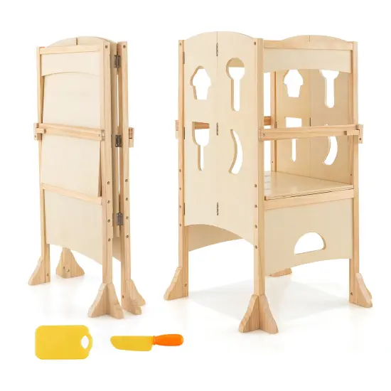 Costway Folding Kitchen Kids Step Ladder Stool Wooden Toddler Safety Tower Helper Coffee/White {1}