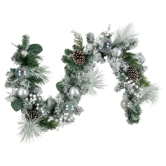 Northlight 6' Flocked Pine Artificial Christmas Garland with Iridescent Ornaments, Unlit White {1}