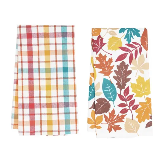 Fall Leaves & Plaid Printed Woven Kitchen Dishtowels Set of 2 {4}