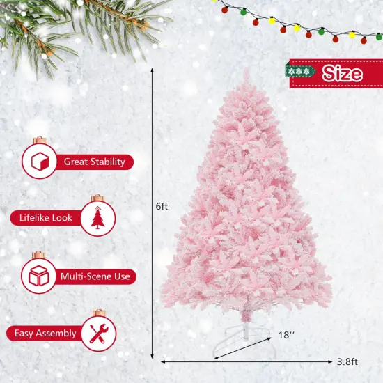 Costway 6 FT Flocked Artificial Christmas Tree Hinged with 350 LED Lights 808 Branch Tips {4}