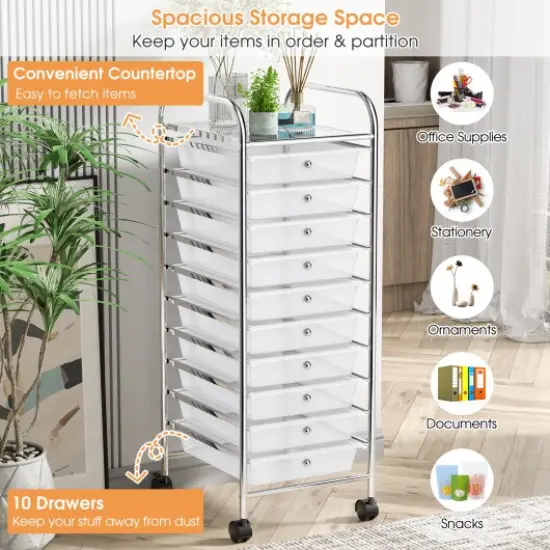 10-Drawer Rolling Storage Cart with Lockable Wheels and Steel Frame for Home or Office Use Transparent {3}