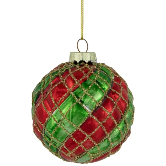 Northlight Glitter Lattice Striped Christmas Glass Ball Ornaments - 3" (80mm) - Red and Green - 4ct {1}