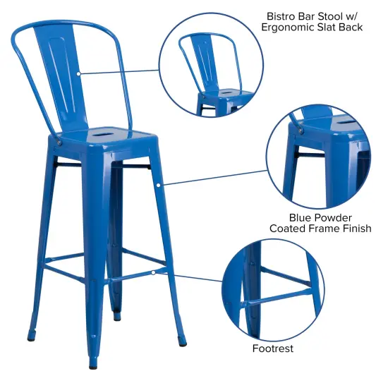 Merrick Lane Dothan Series Metal Stool with Removable Back for Indoor-Outdoor Use Blue {4}