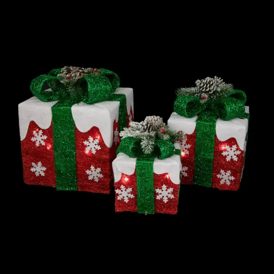 Northlight Set of 3 Lighted Red with White Snowflakes Gift Boxes Christmas Decorations {4}