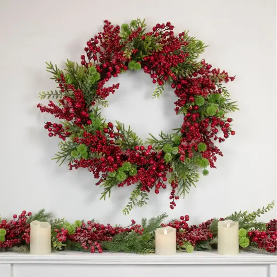 Northlight Artificial Frosted Red Berry and Pine Christmas Wreath, 28-Inch, Unlit Green {3}