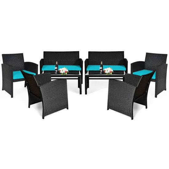 Costway 8PCS Patio Rattan Furniture Conversation Set Cushion Sofa Table Garden Turquoise\Navy\Black\Red {11}