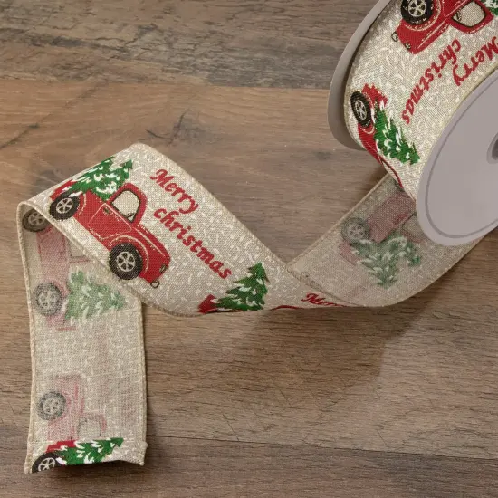 Northlight Green and Red Vintage Trucks with Christmas Trees Wired Craft Ribbon 2.5" x 16 Yards {3}
