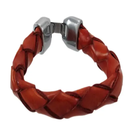 Brown Leather Round Braided Bracelet 7 Inch {1}