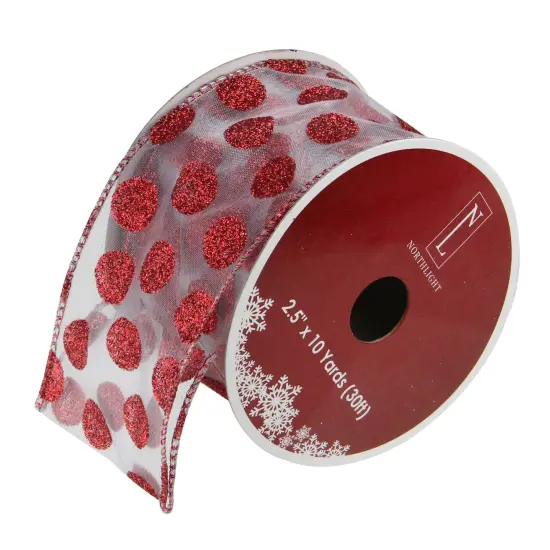 Northlight Pack of 12 Silver and Red Glittering Polka Dots Christmas Wired Craft Ribbons - 2.5" x 120 Yards {1}