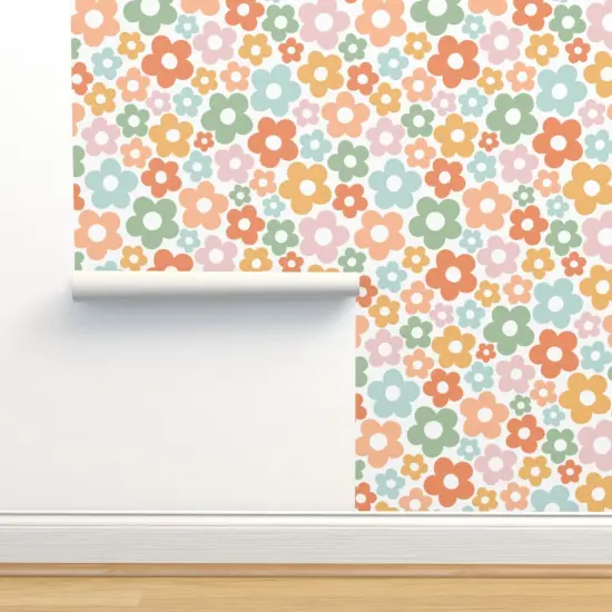 Peel & Stick Wallpaper 2FT Wide Retro Whimsical Floral Sage Green Mustard Yellow Pale Pink Boho Custom Removable Wallpaper by Spoonflower {2}