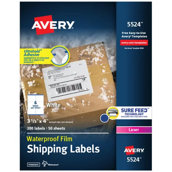 Avery Waterproof Labels with Ultrahold Permanent Adhesive, 3-1/3" x 4", Laser, 300 Labels (05524) {1}