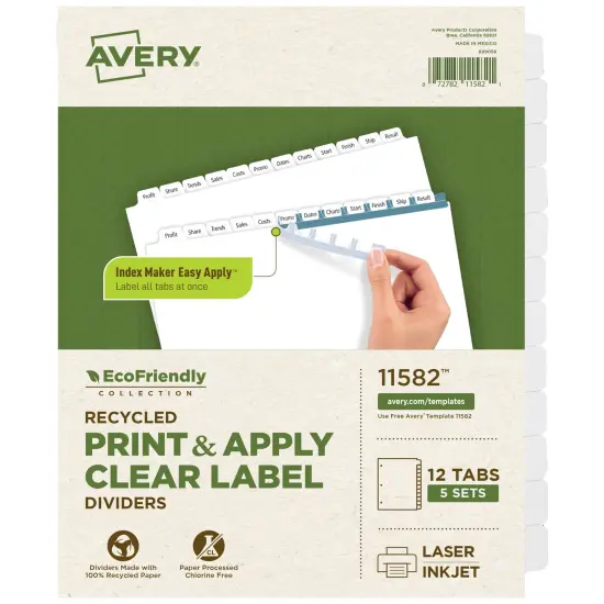 Avery EcoFriendly Recycled Dividers for 3 Ring Binders, 12-Tab, White Tabs, Index Maker Print and Apply Clear Label Strip, 5 Sets for 60 Binder Dividers Total (11582) {1}