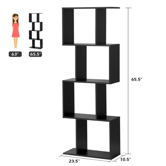 Costway 4-tier S-Shaped Bookcase Free Standing Storage Rack Wooden Display Decor Black {2}