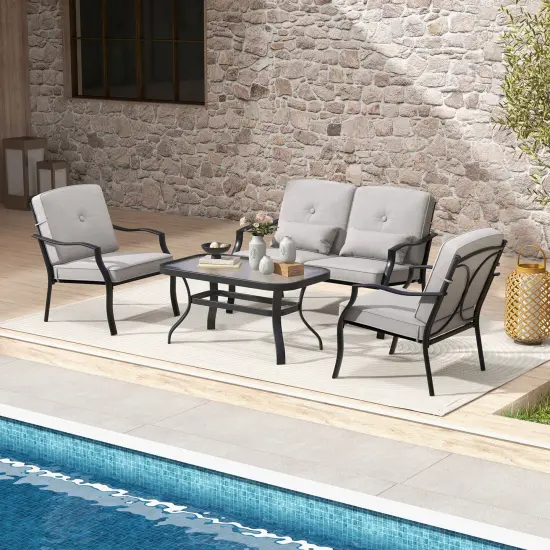 Costway 4 PCS Patio Metal Chairs Outdoor Dining Seat Heavy Duty with Cushions Garden Gray {3}