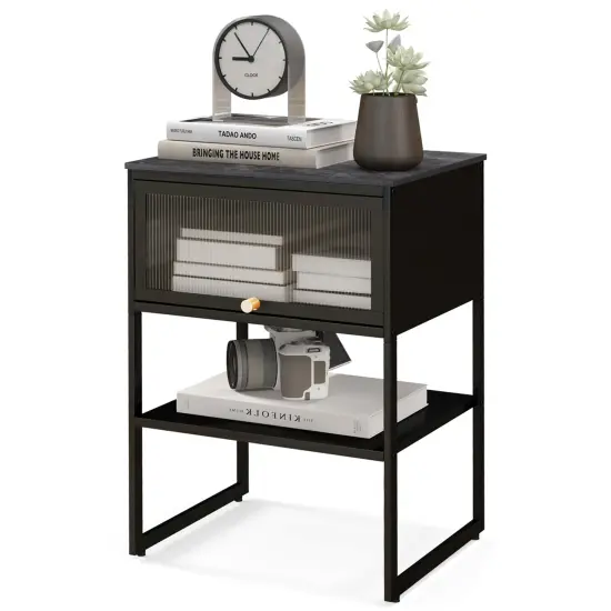 Costway 1/2 PCS Home Nightstand 3-Tier Storage Table with Door Open Shelf Heavy-duty Metal Frame Black {1}