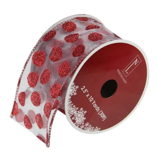 Northlight Silver and Red Glittering Polka Dots Christmas Wired Craft Ribbon 2.5" x 10 Yards {1}