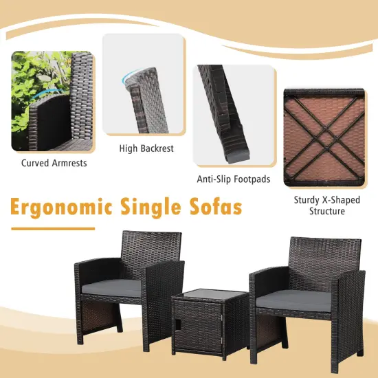 3 Pieces Patio Wicker Furniture Set with Storage Table and Protective Cover Grey {5}